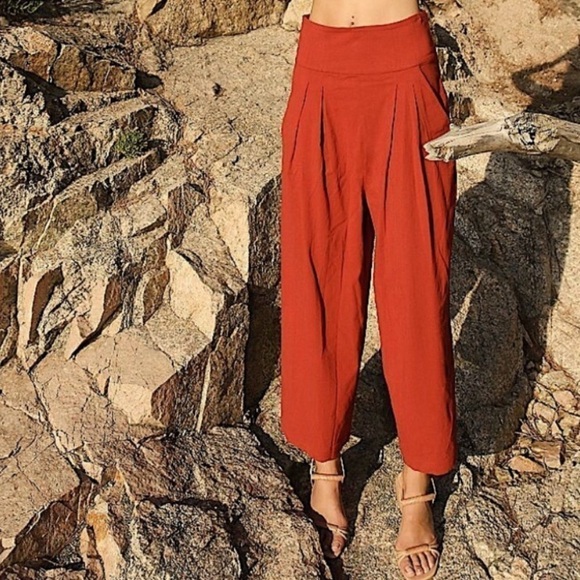 Free People Larissa Pant Terracotta Sunset orange high waist textured flowy 4 - Picture 1 of 8
